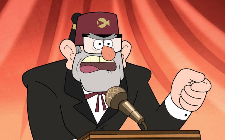 Обои на рабочий стол Дядя Стэн из мультсериала Gravity Falls говорит в микрофон на трибуне, обои для рабочего стола, скачать обои, обои бесплатно