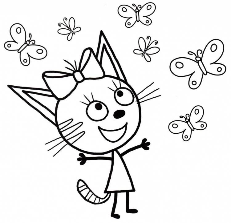 Раскраски из мультфильма Три кота для детей «Сестренка Карамелька с бабочками», чтобы распечатать