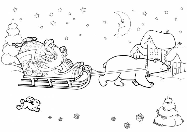 Раскраска «Мишка везёт Деда Мороза и Снегурочку»