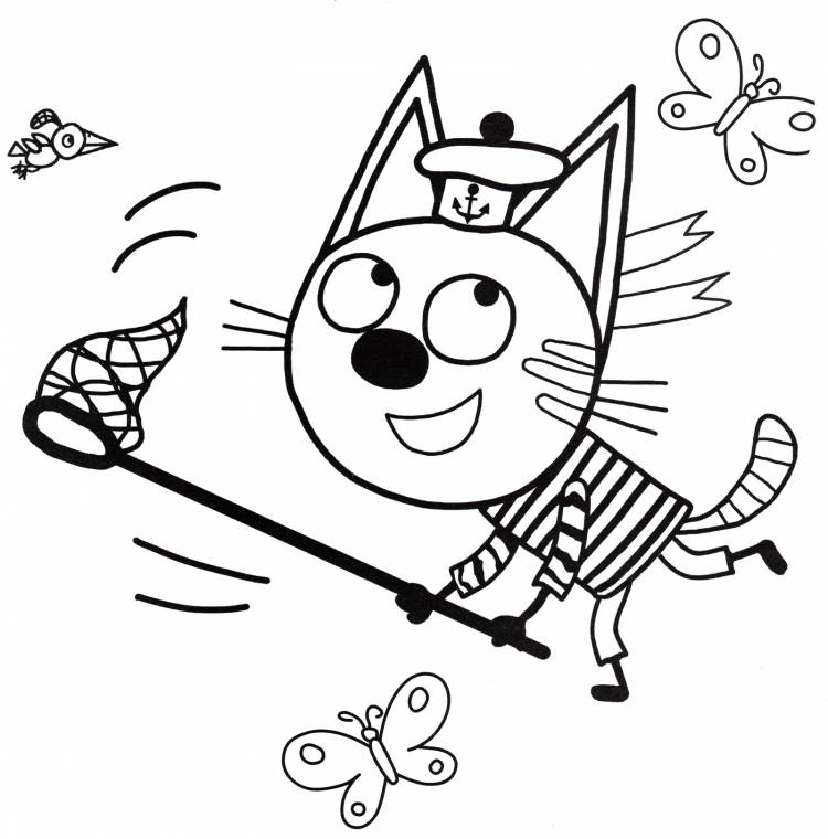 Раскраска Коржик ловит бабочек из мультика Три кота, распечатать бесплатно или скачать