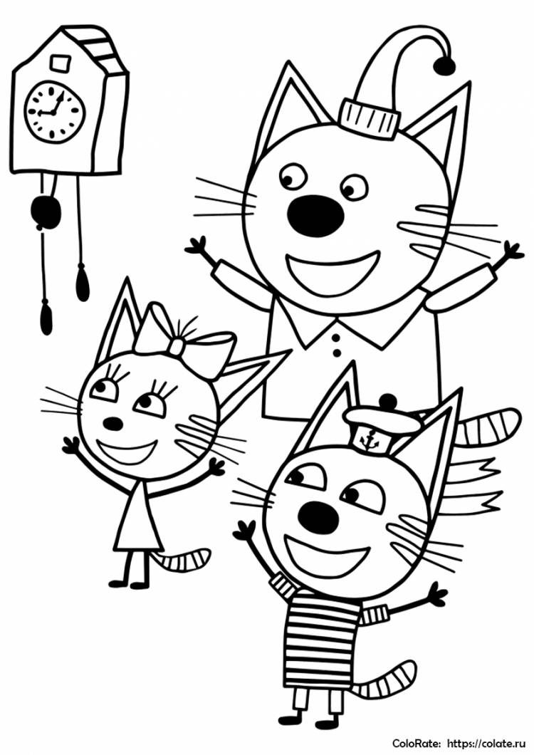 Раскраска Три кота и часы с кукушкой распечатать на А