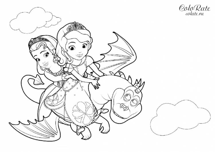 Раскраска Полёт принцесс на драконе распечатать
