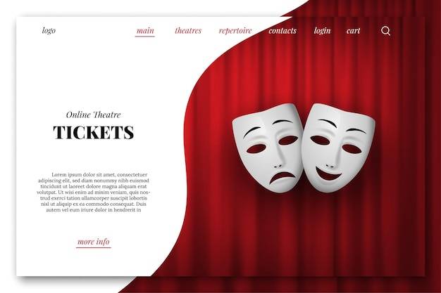 Шаблон целевой страницы онлайн-билета в театр театральная маска комедии и трагедии изолирована на фоне красного занавеса