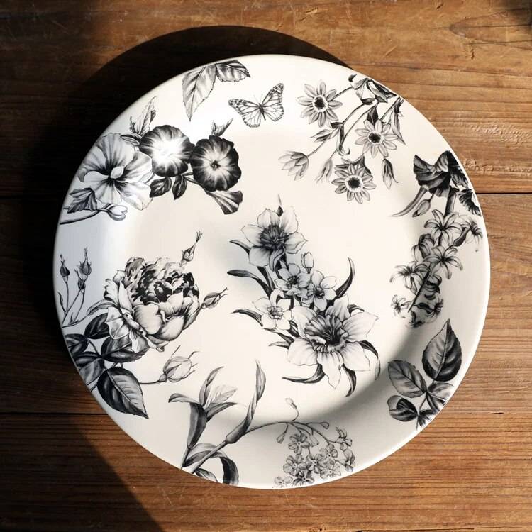 Классическая креативная керамическая посуда с черными цветами прямоугольная тарелка