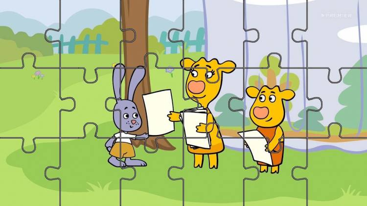 Боря и Зоя из мультфильма Оранжевая корова раздают листовки Собираем пазлы