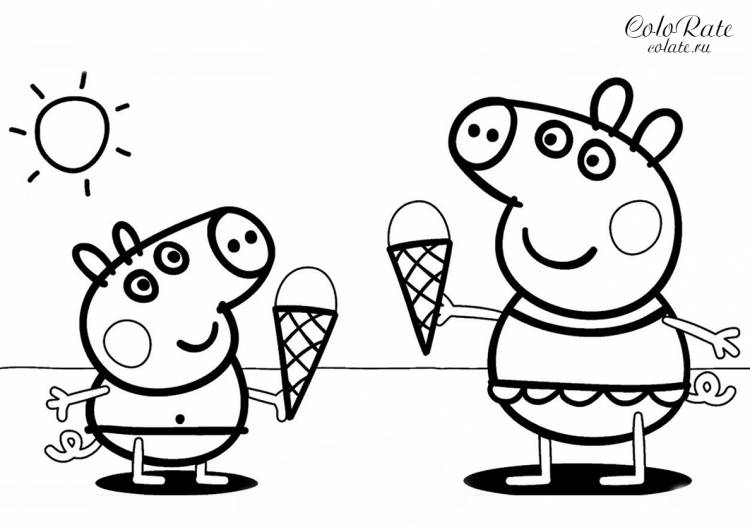 Раскраска Пеппа и Джордж едят мороженое распечатать