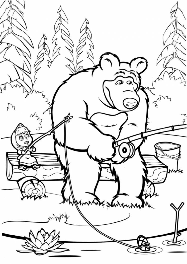 Раскраска Маша и Медведь на рыбалке распечатать