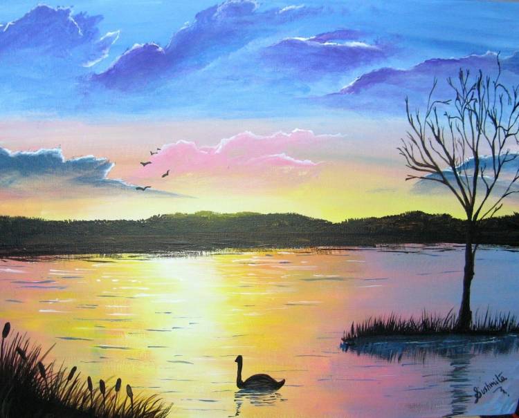 Закат на озере рисунок