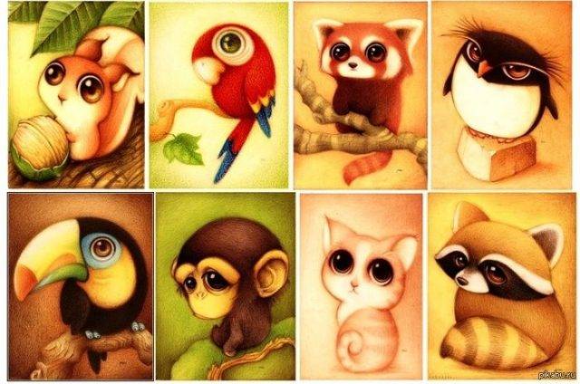 Рисунки животных с большими глазами 