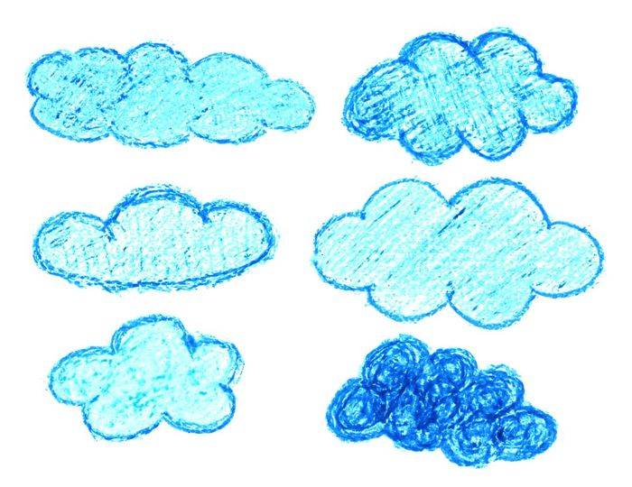 Детские рисунки облаков цветными карандашами и красками