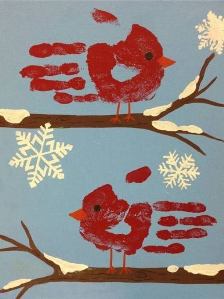Срисовка зимние птички из отпечатков ладоней