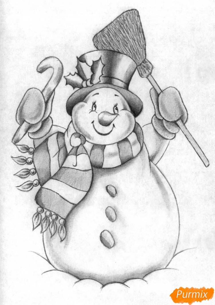 Рисуем снеговика простым на бумаге карандашом поэтапно