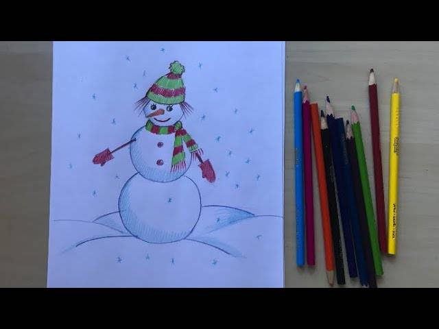 Как нарисовать снеговика цветными карандашами