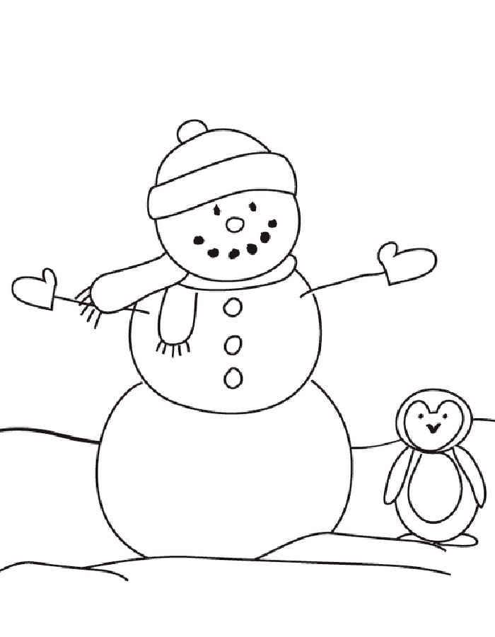 Снеговик и пингвин Рисунок раскраска на зимнюю тему