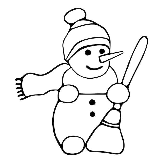 Рука рисования линии снеговик мультяшном стиле черный контур снеговика книжка-раскраска