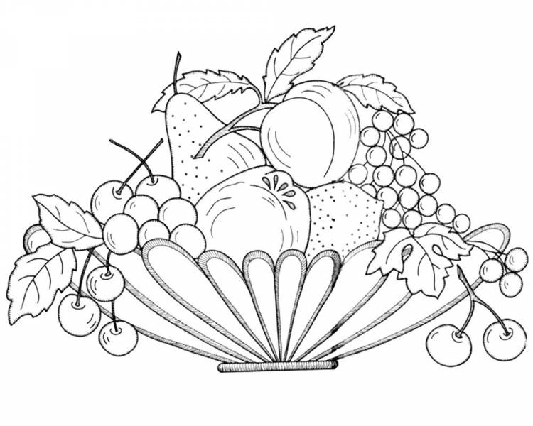 Раскраска натюрморт с фруктами и вазой