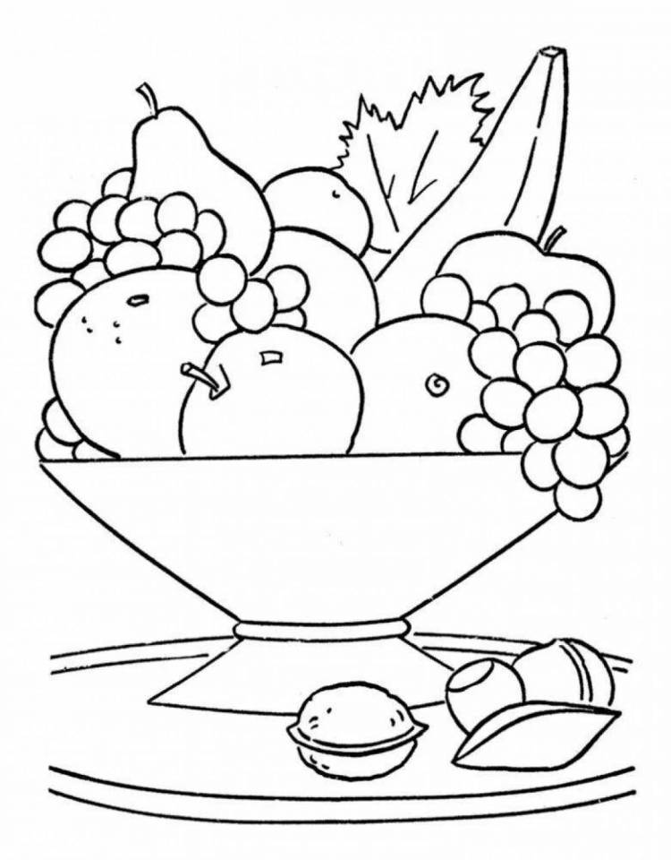 Раскраски Натюрморт с фруктами и вазой 