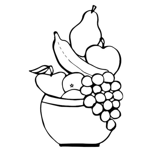 Страница раскраски фруктовой корзины для детей векторная иллюстрация eps и изображение