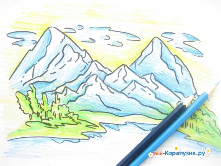 Как нарисовать горы карандашами поэтапно