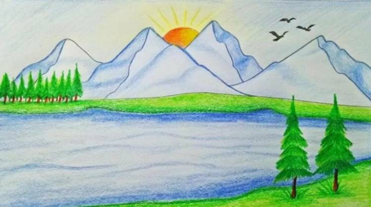 Срисовка карандашами горный пейзаж с восходящим солнцем и рекой