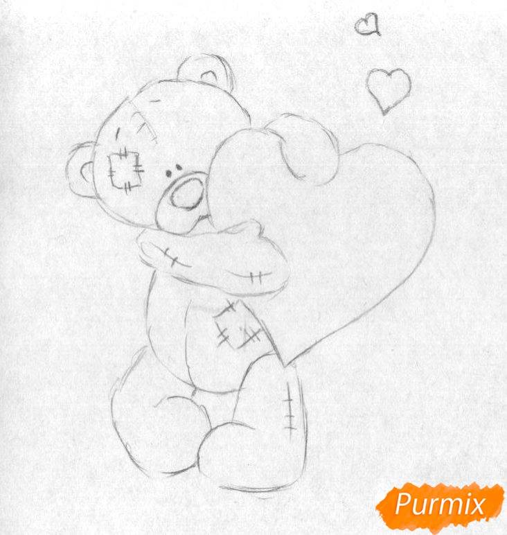 Как нарисовать мишку с сердечком карандашом поэтапно