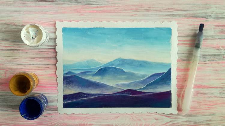 Как нарисовать горный пейзаж гуашью