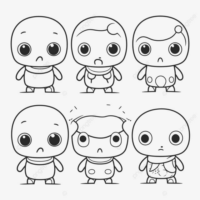 пять маленьких мультяшных персонажей раскраски наброски эскиз рисунок вектор PNG , основы рисования, наброски баз, базовый эскиз PNG картинки и пнг рисунок для бесплатной загрузки