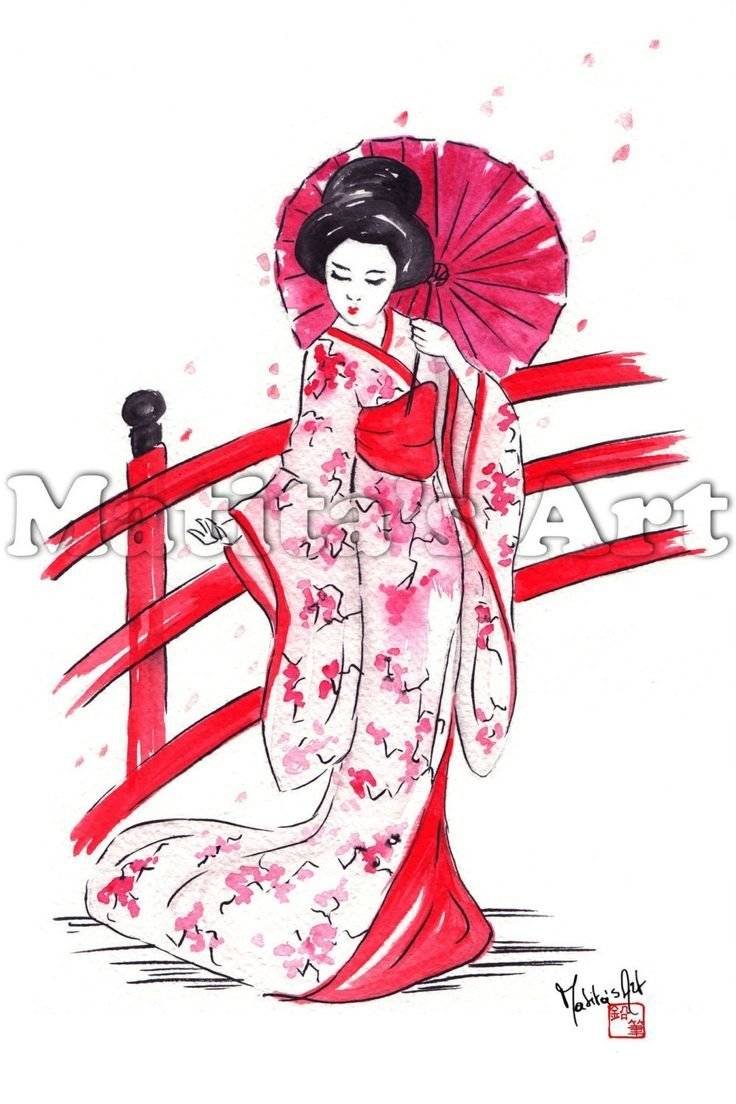 Японка в кимоно рисунок карандашом