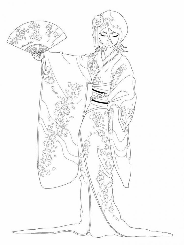 Раскраска японская девушка в кимоно рисунок 