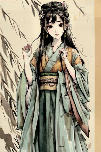 Японская девушка в кимоно с длинными волосами и зеленом платье