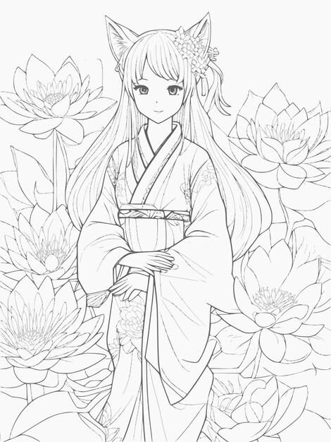 Рисунок девушки в кимоно с цветком посередине