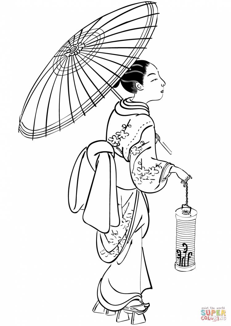 Раскраска Японка с зонтиком и фонарем