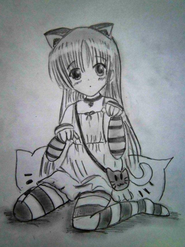 Рисунки карандашом для срисовки аниме девушки кошки 