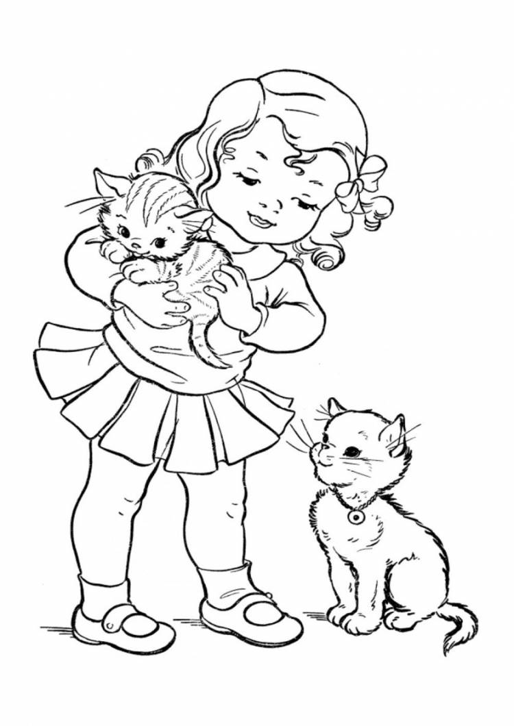 Раскраска Девочка с котятами распечатать