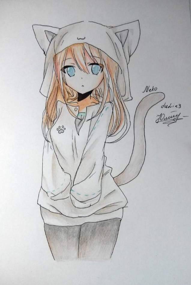 Рисунки карандашом для срисовки аниме девочка-кошка