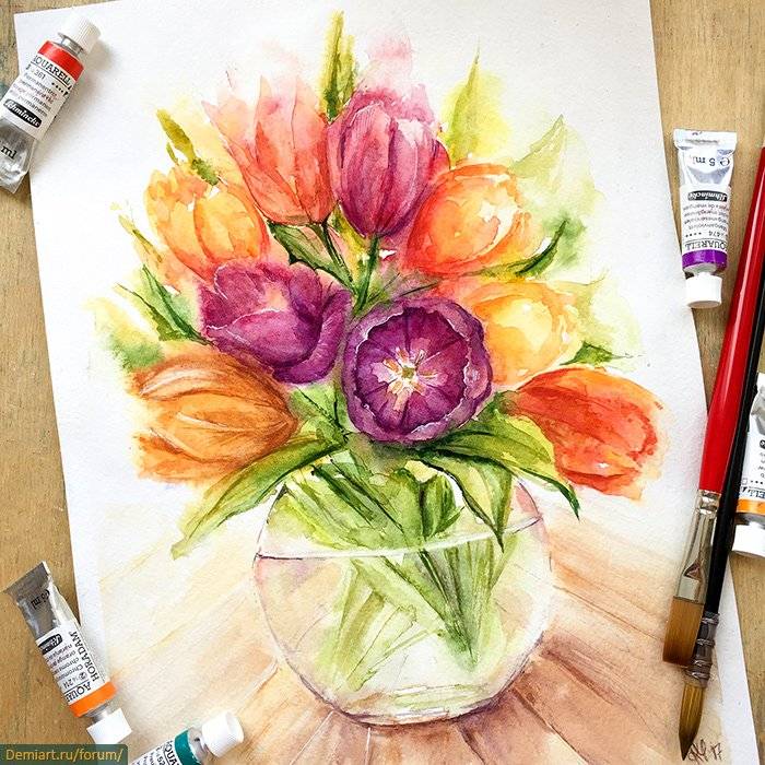 как рисовать цветы в вазе гуашью