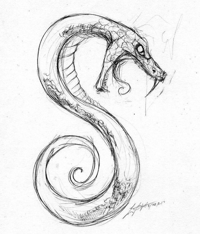 Рисунок змеи карандашом, красками и фломастерами