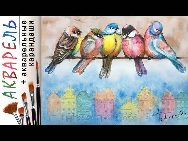 «Птицы на ветке» как нарисовать АКВАРЕЛЬ и КАРАНДАШИ