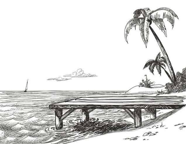 Простые рисунки пляжа и моря карандашом