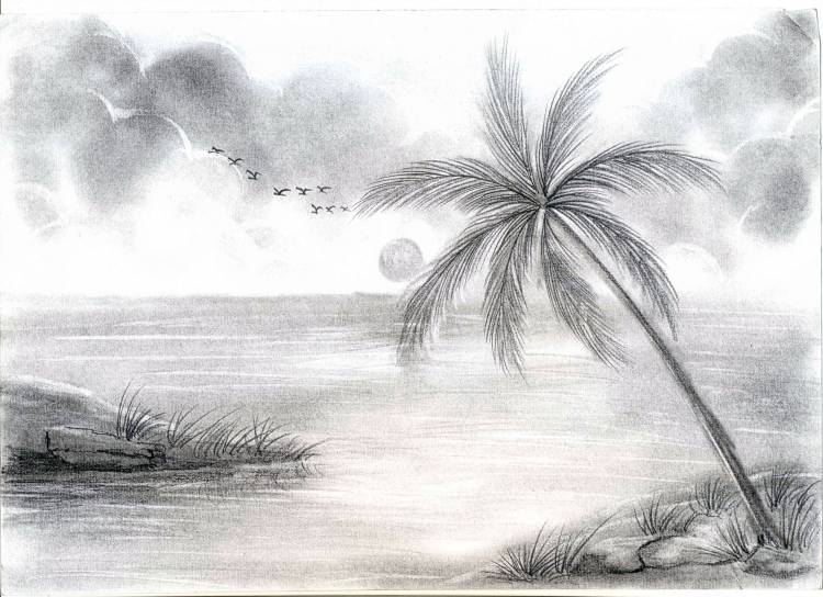 Пейзаж моря карандашом для срисовки