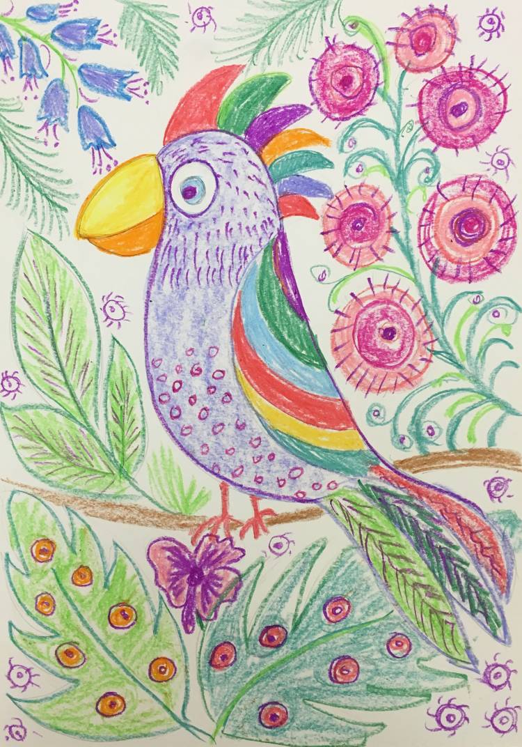 Попугай декоративный рисунок цветные карандаши
