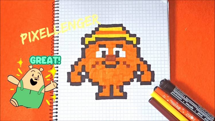 Копатыч Смешарики Как рисовать по клеточкам Простые рисунки How to Draw Kikoriki Barry Pixel Art