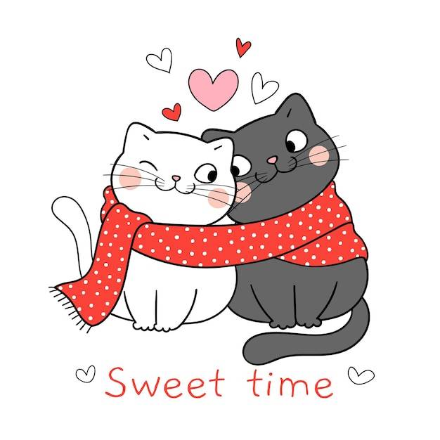 Нарисуйте пару влюбленных кошек с сердечком на день святого валентина