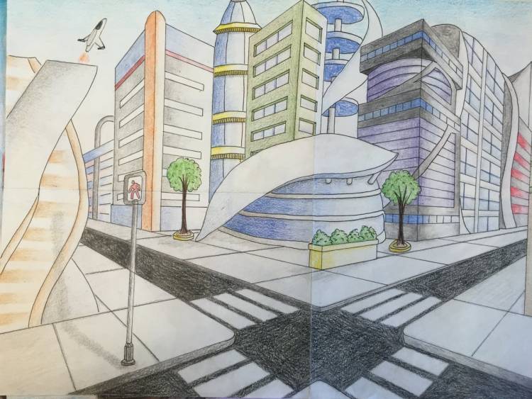 Поэтапный рисунок города будущего