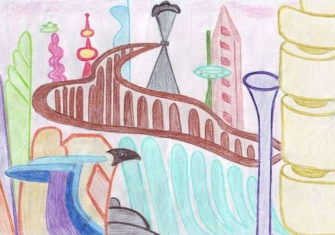 Детские рисунки на тему городов будущего