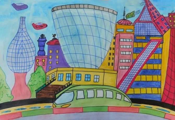 Детские рисунки на тему городов будущего