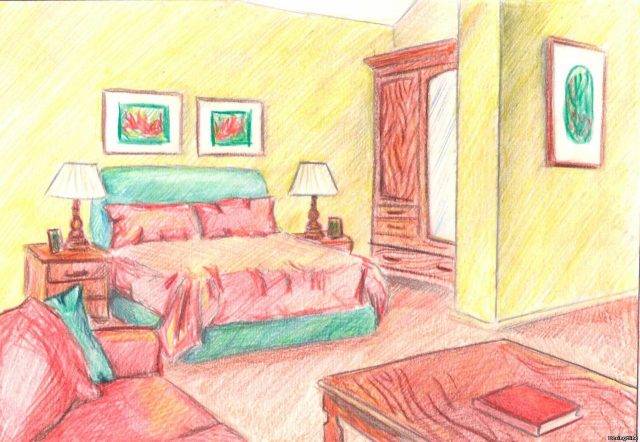 Рисунок комнаты с мебелью карандашом 