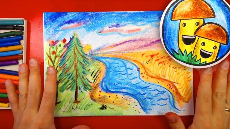 Как нарисовать РУССКИЙ ПЕЙЗАЖ масляной пастелью для детей