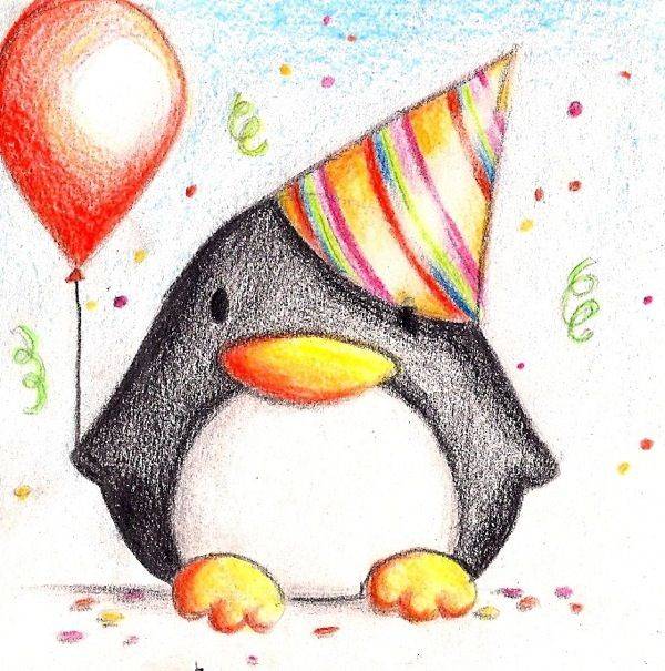 Срисовка карандашами праздничный пингвин с шариком