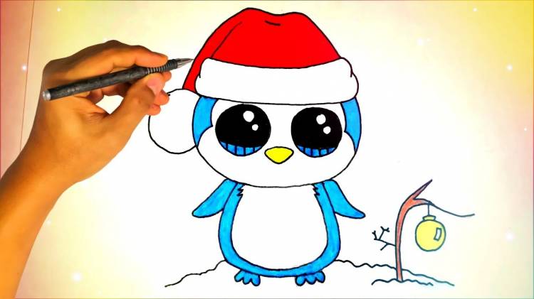 Как нарисовать милого кавайного пингвина в новогодней шапке? Лёгкие рисунки для детей